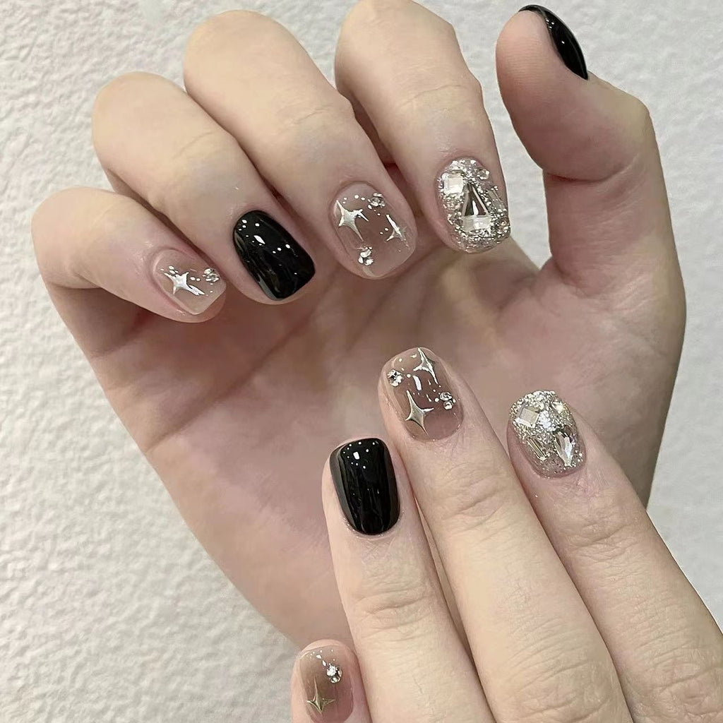 Handmade Phototherapy Wear Armor Dark Black Rhinestone Nail Stickers