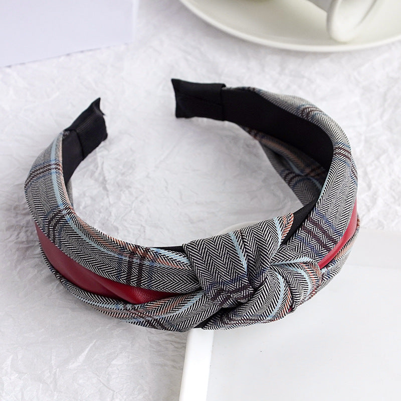 PU Imitation Leather Knotted Wide Side Fashionable Plaid Striped Headband