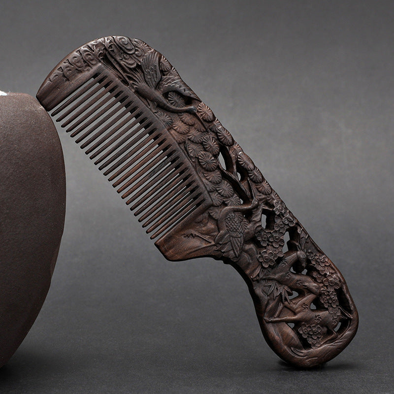 Wooden Ebony With Handle 180 Double-sided Carved Comb