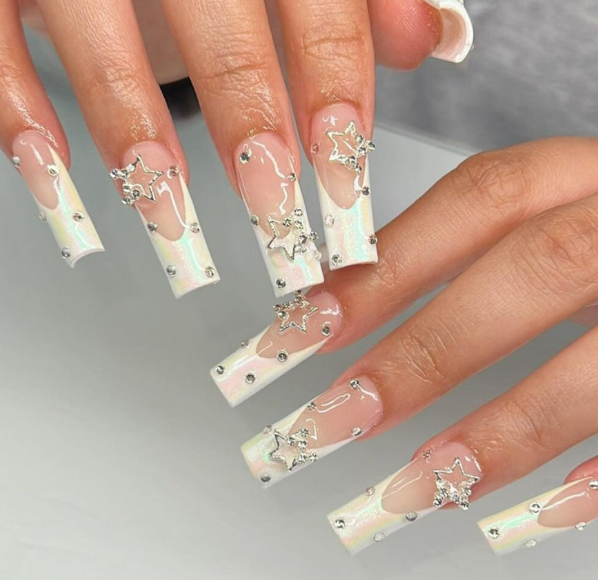 Wear Armor Long French Five-pointed Star Flash Diamond Nail Stickers Nail Tip