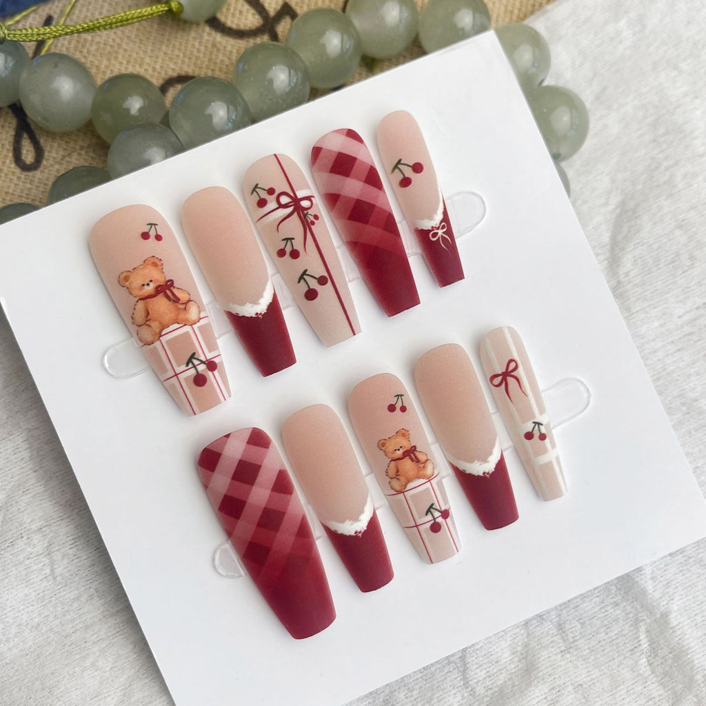 Press On Nails Semi-finished Product Wearing Nail Two-dimensional Cartoon Bear New Year Red Series Prefabricated Wearing Nail