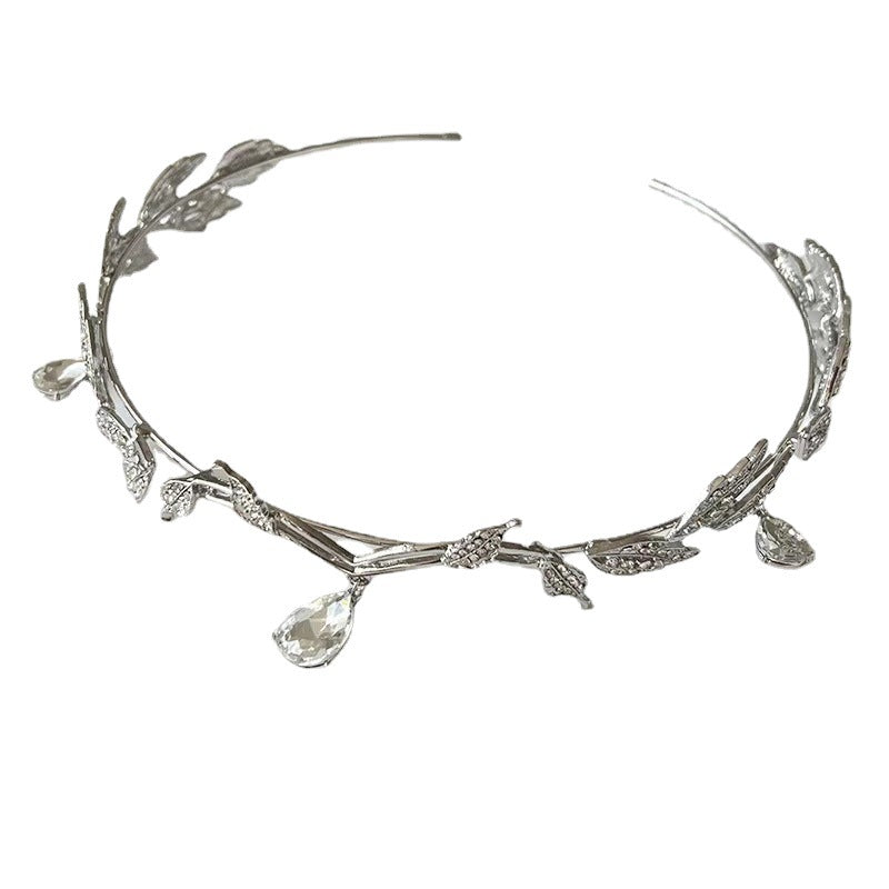 Crown Mori Style Leaves Water Drop Full Diamond Bride Forehead Ornament Super Fairy Princess On The Run Hair Band