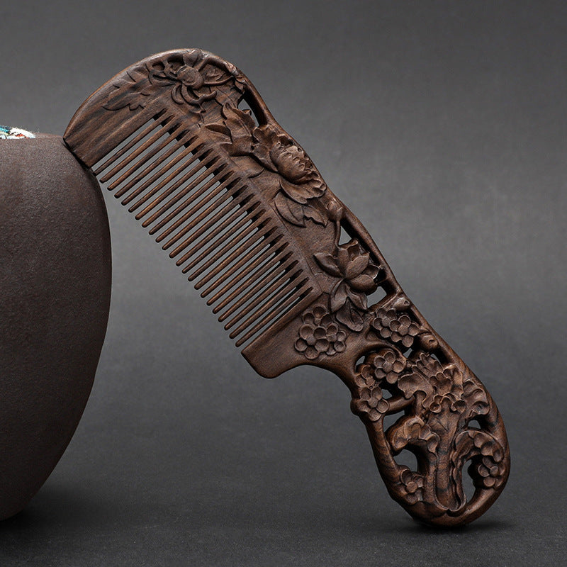 Wooden Ebony With Handle 180 Double-sided Carved Comb