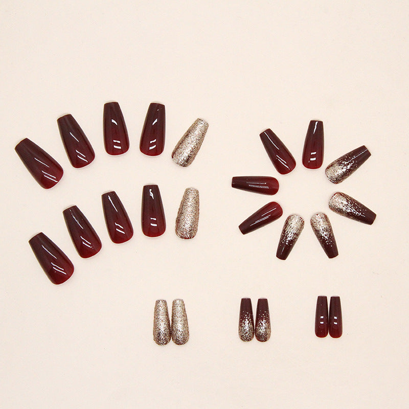 Gold Powder Wine Red Bridal Manicure Mid-length Wear Nail