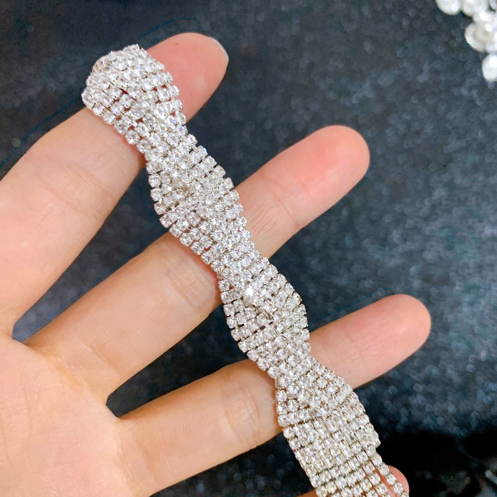 White Fringe Long Strip Shape Rhinestone Headband