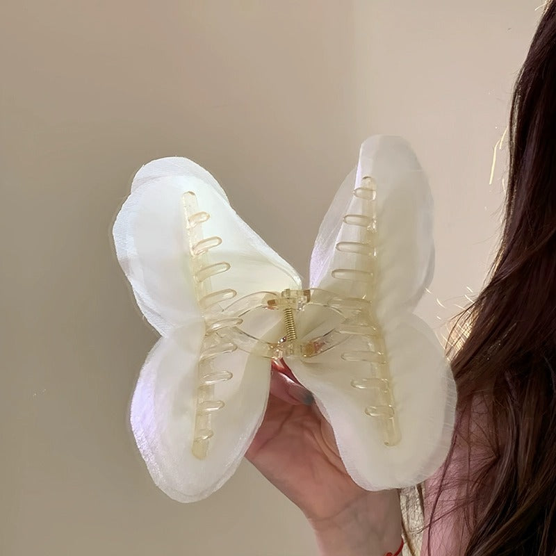 New Tulle Butterfly High-grade Headdress Barrettes Women's French Retro Simple Mesh Solid Color French Super Fairy Grip