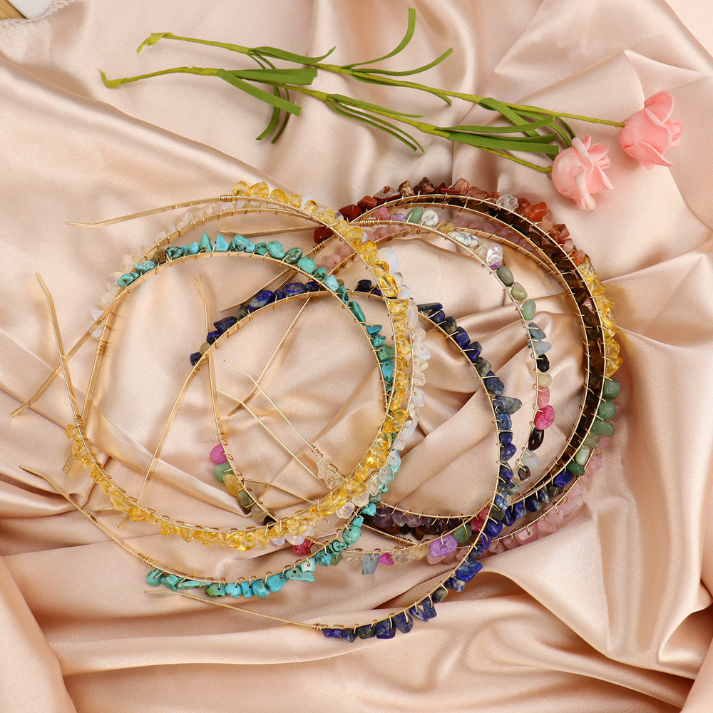 Winding Golden Double Row Natural Crystal Gravel Headband