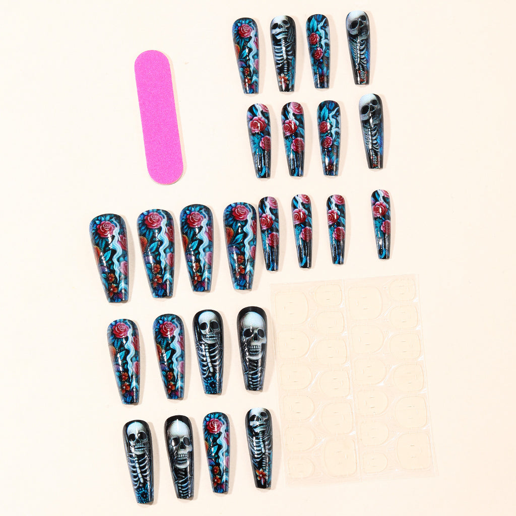 Removable Nail Tips Featuring A Long Ballet Plant Flower And Skull Design