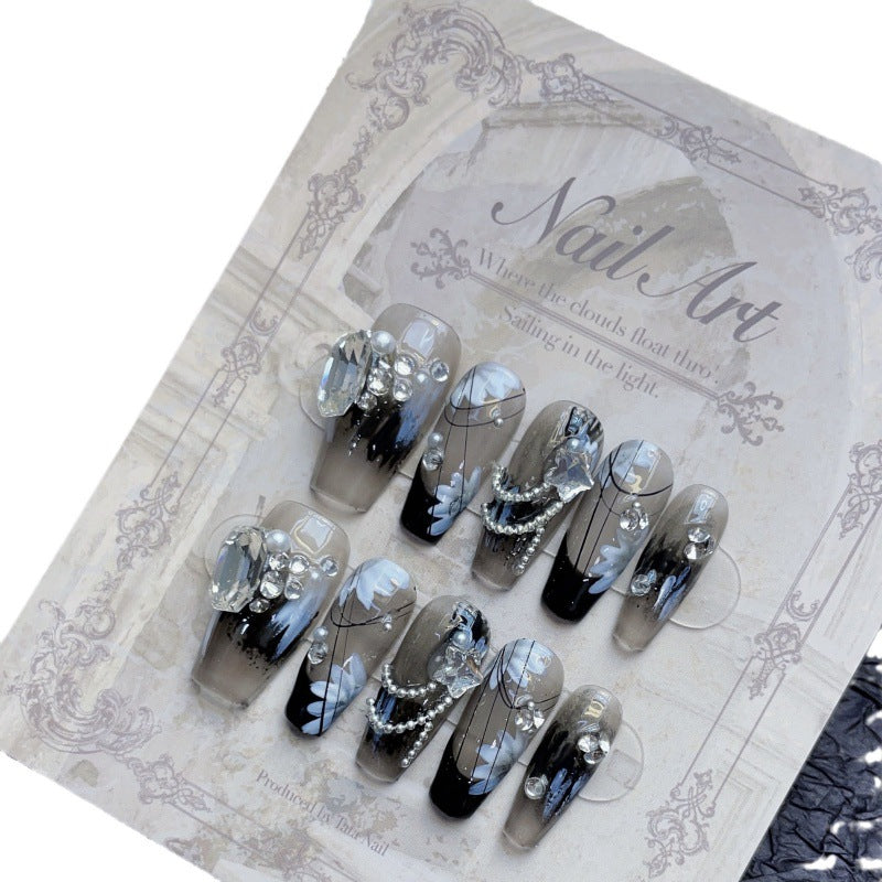 Mysterious Black-themed New Chinese-style Icy-cool Rhinestone Nail Tips For Wear
