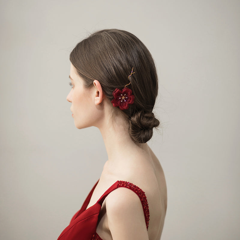 Shiny Diamond Heart Gauze Flower Bridal Hairpin