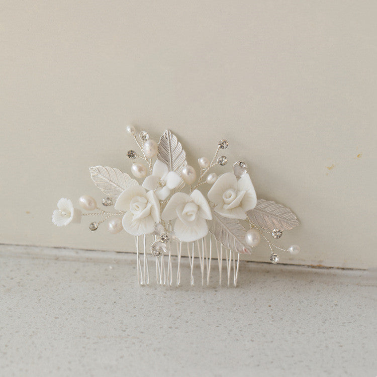 Ceramic Flower Freshwater Pearl Metal Hair Comb Bridal Headpiece