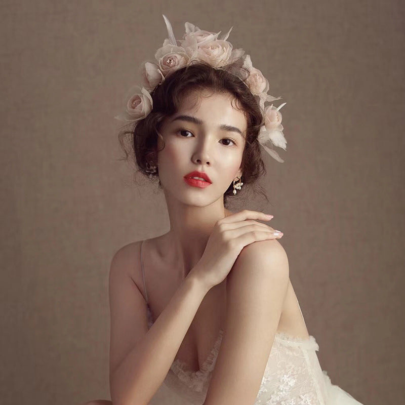 Exquisite meat pink flower bridal headpiece