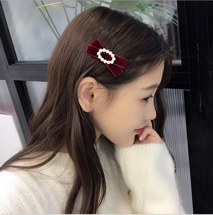 Handmade pearl velvet bow hairpin autumn and winter retro sweet wild duck mouth clip side clip female