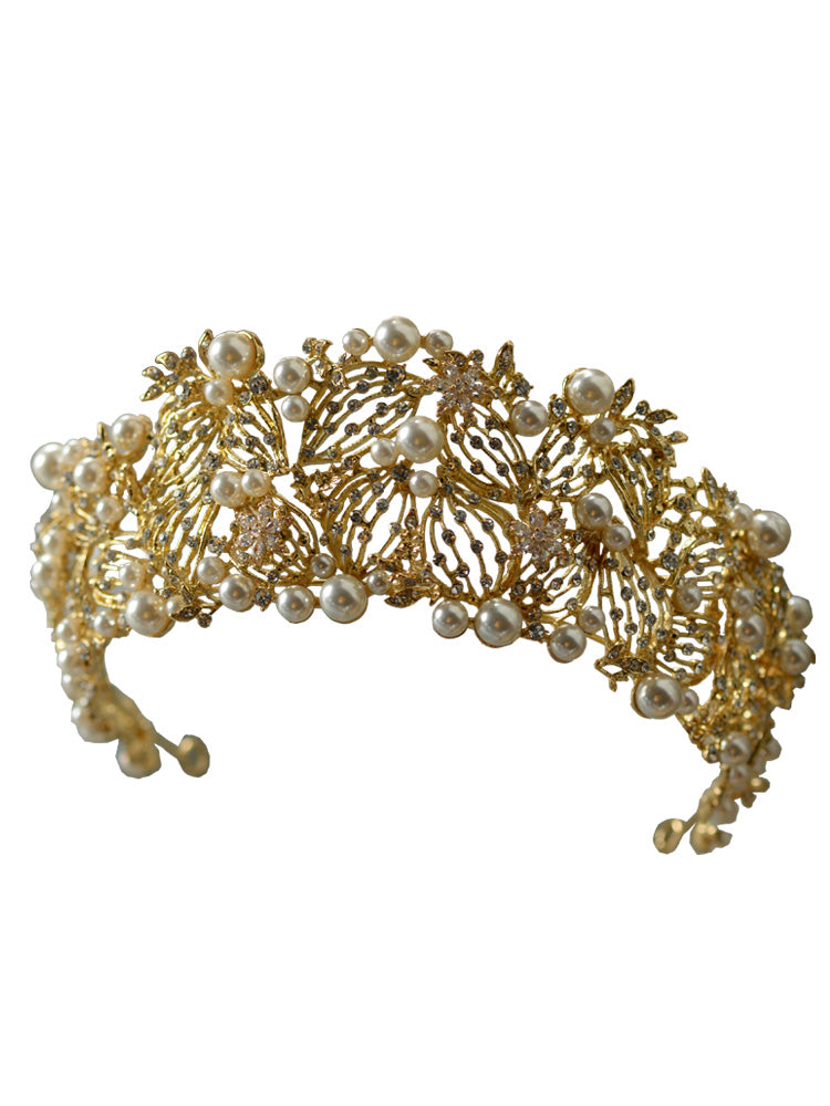Golden Yellow Diamond Pearl Crown Hair Ornament