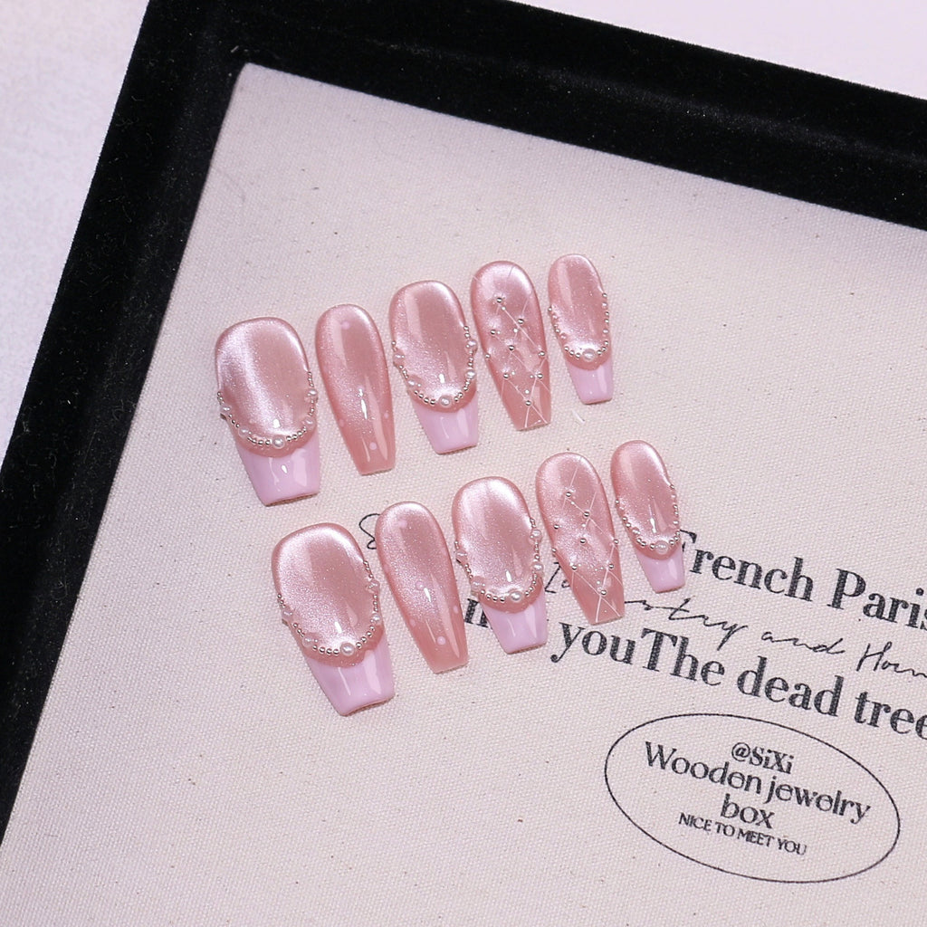 French Pearl Herringbone Cat Eye Detachable Nail Stickers