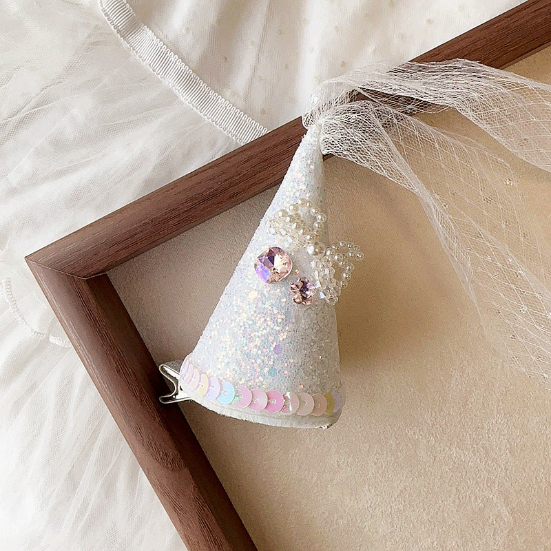 Birthday Hat Feather Pearl Tassel Snap Button Children Side Clip Hair Accessories