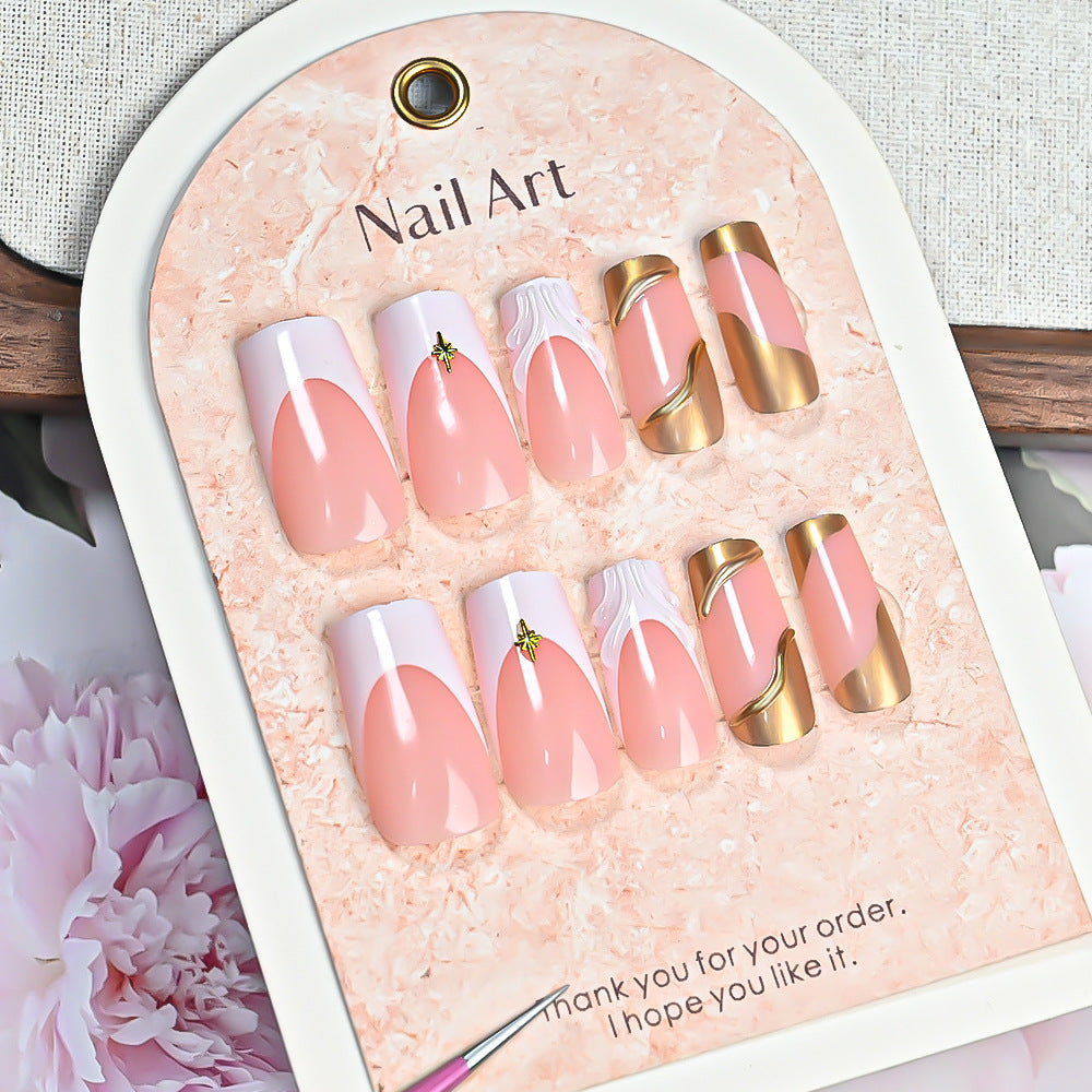 24-piece 3D Floral Gold-trimmed Plaid Artificial Nail Tips For Wearable Nails