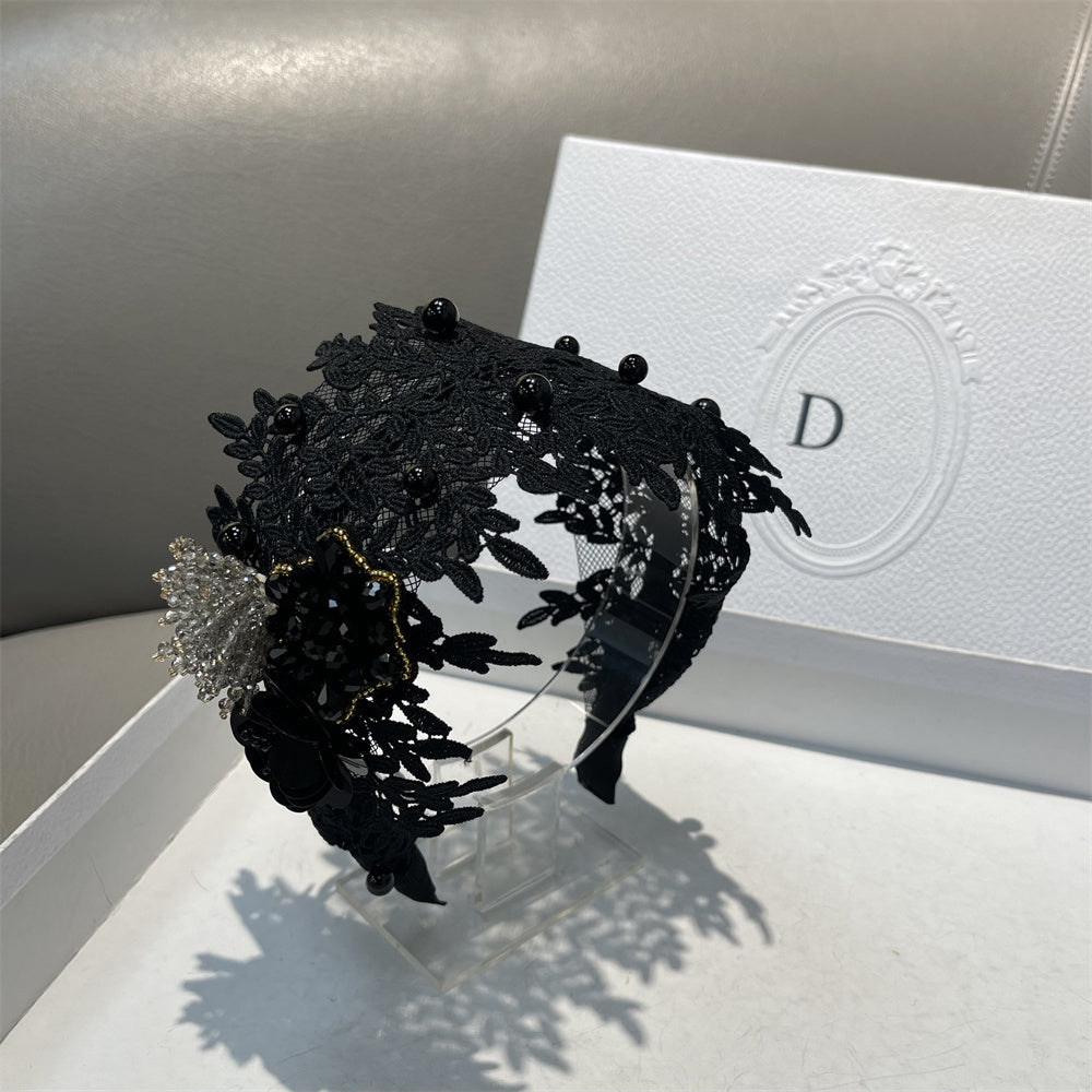 Women's Wide Lace Rhinestone Beaded Headband