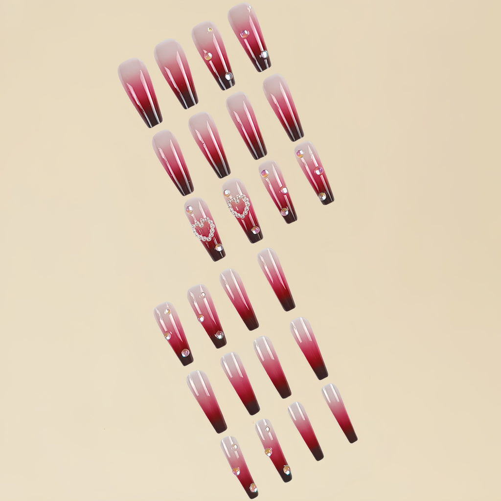 Pearl Heart Wine Red Gradient Wear Fake Nail Tip