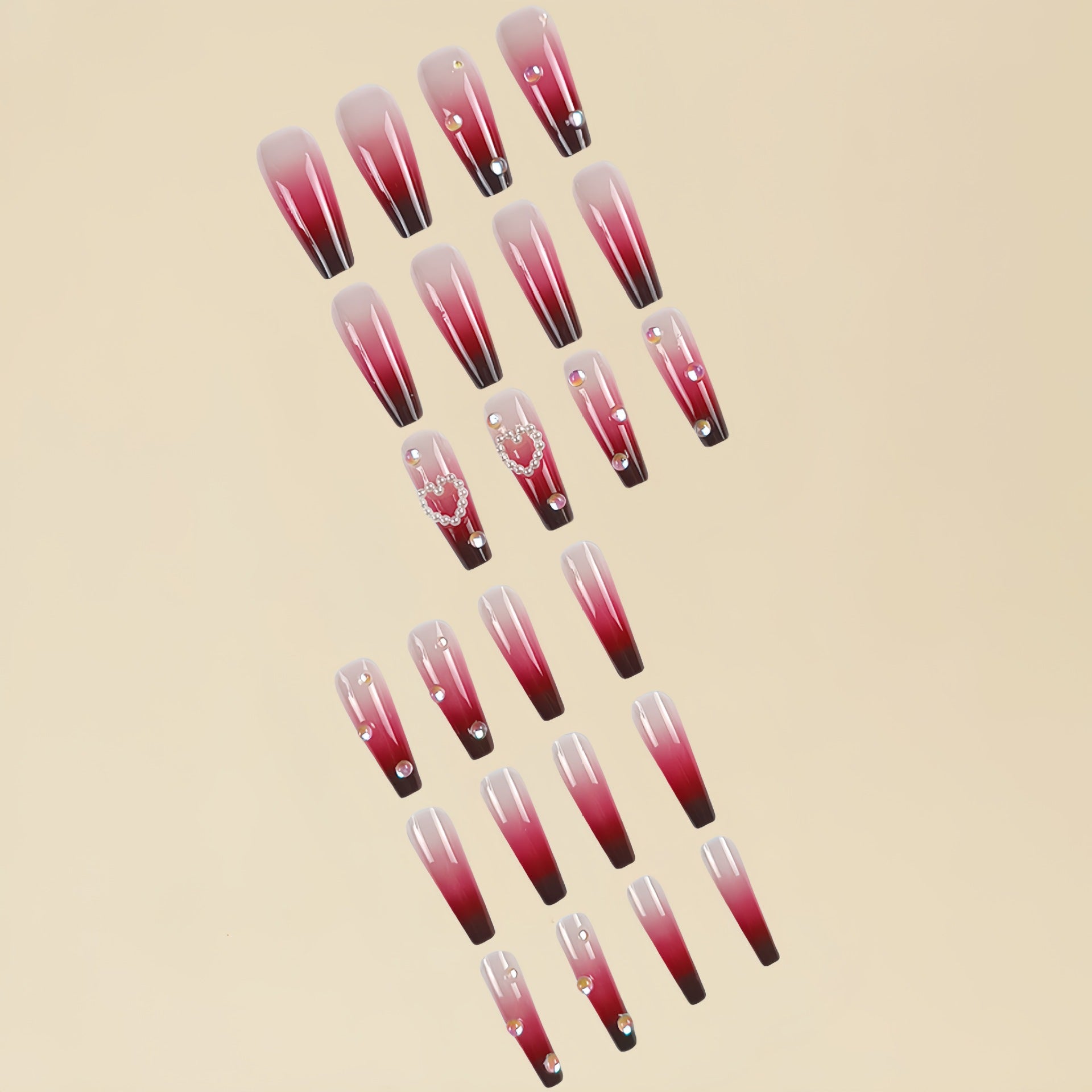 Pearl Heart Wine Red Gradient Wear Fake Nail Tip