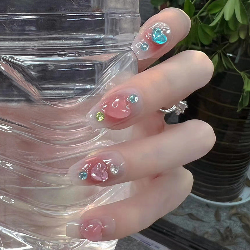 D327 Wearing Armor Removable Nail Tips Ice-transparent Blush White Heart Diamond