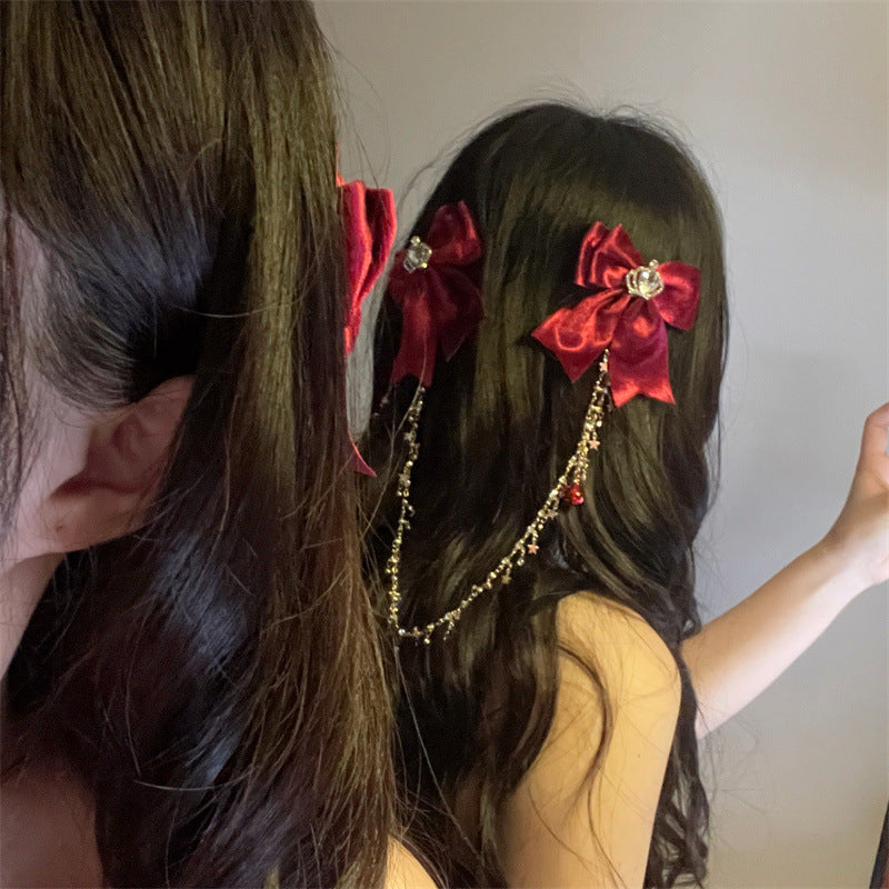 New Year Red Bell Crown Bow Tassel Hair Clip