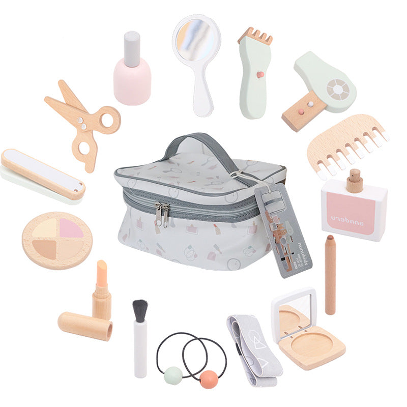 Children's Makeup Toys Haircut Wooden Simulation Comb Splint Lipstick Perfume Girl Play House Handbag Set