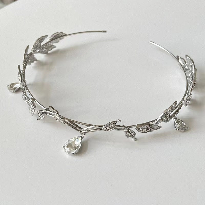 Crown Mori Style Leaves Water Drop Full Diamond Bride Forehead Ornament Super Fairy Princess On The Run Hair Band