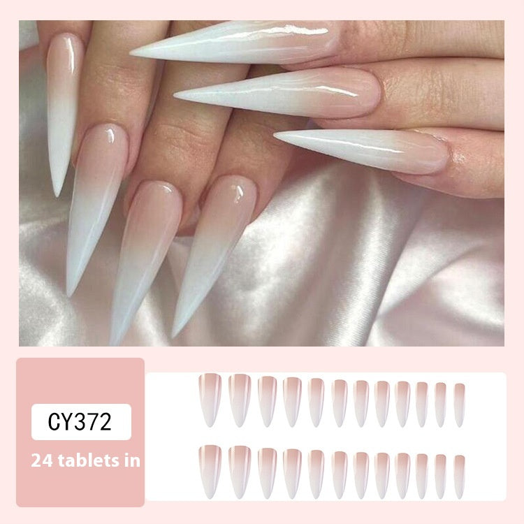 Milky White Pink Gradient Long Drop Shape Fake Nail Patch