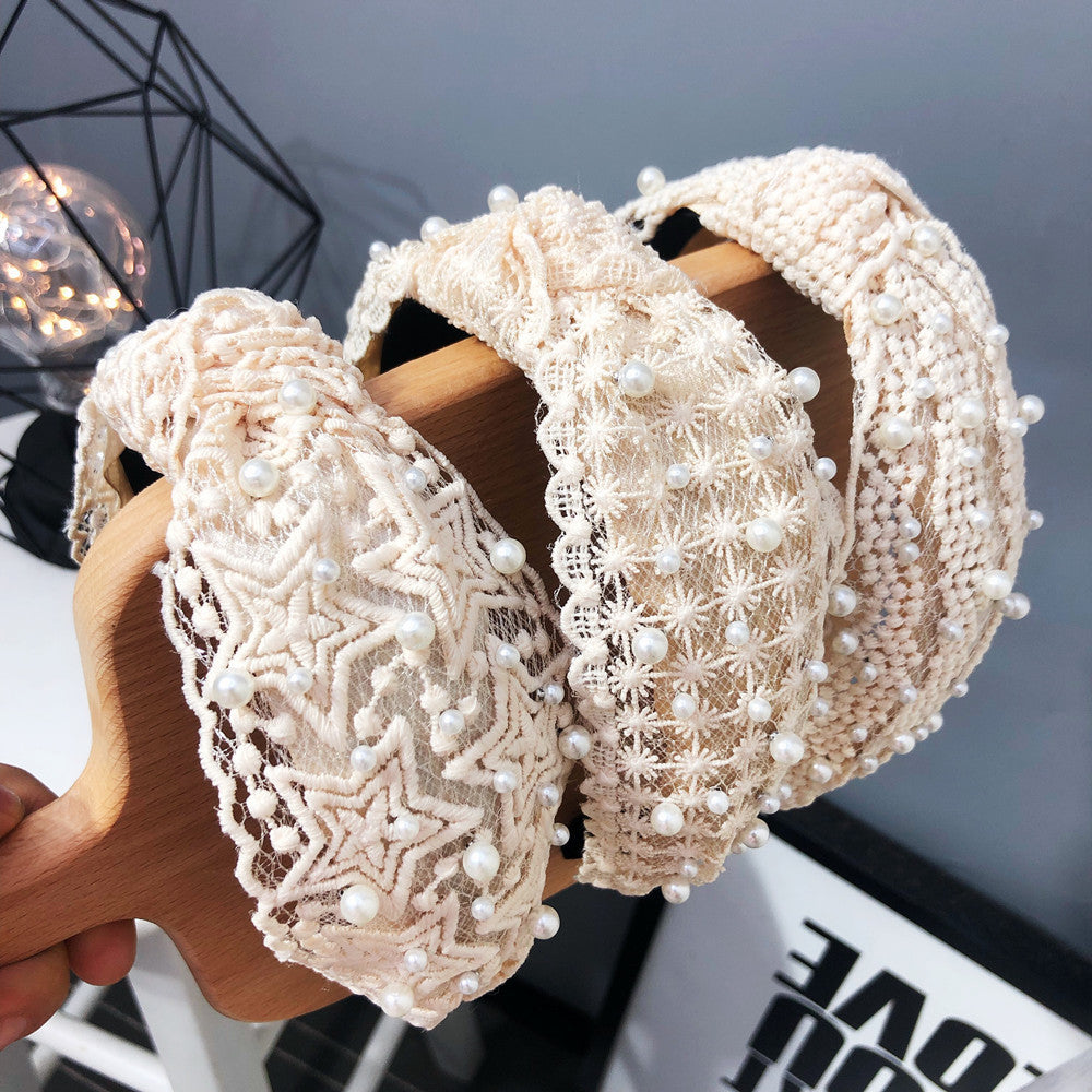 Ladies Buckle Pearl Lace Knotted Headband