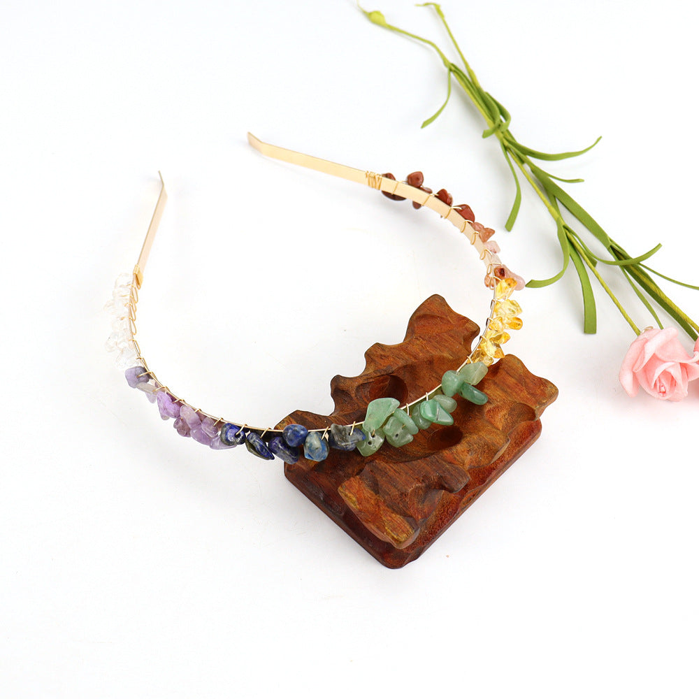 Winding Golden Double Row Natural Crystal Gravel Headband