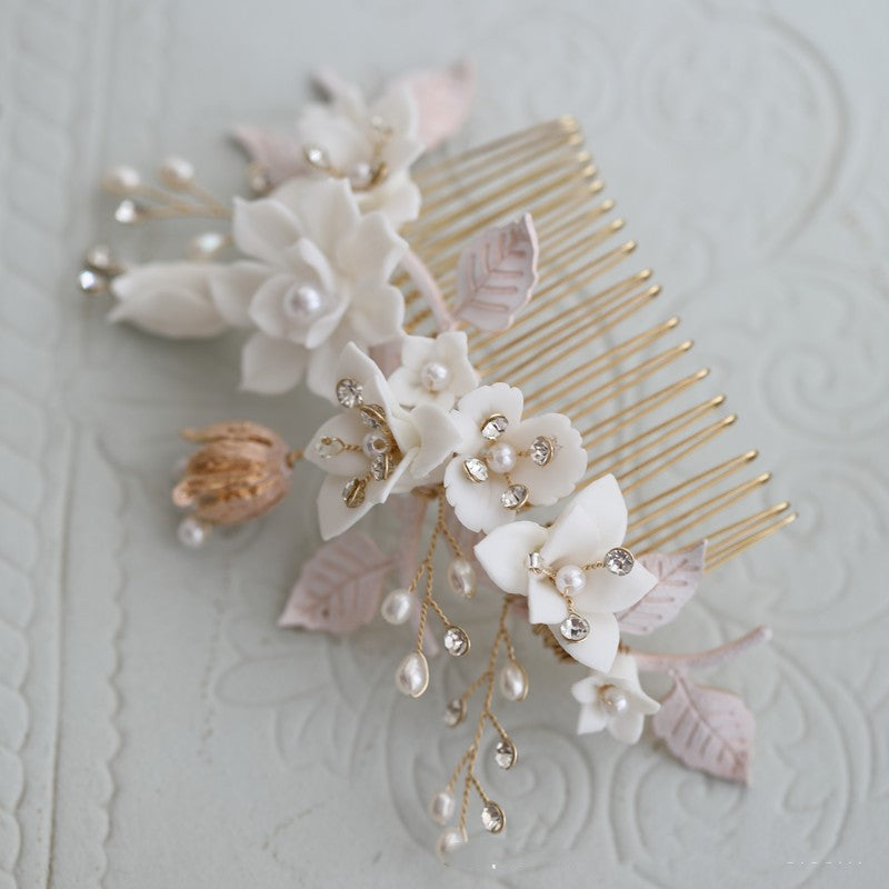 Ceramic Flower White Complex Rhinestone Hair Comb