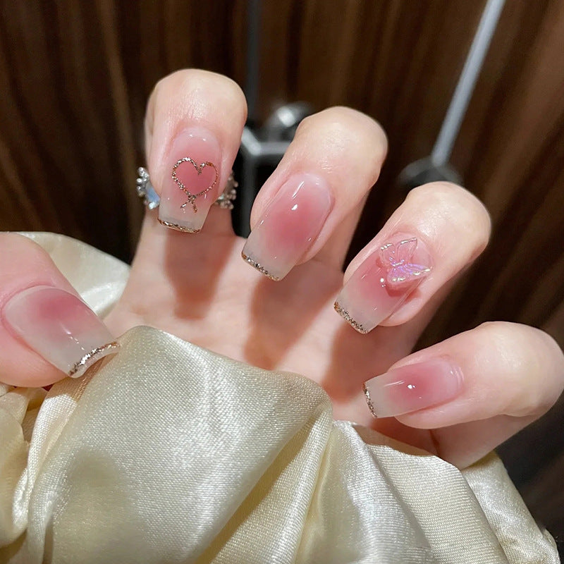 Wear Nail Milky White Gradient Crooked Peach Heart Nail Sticker