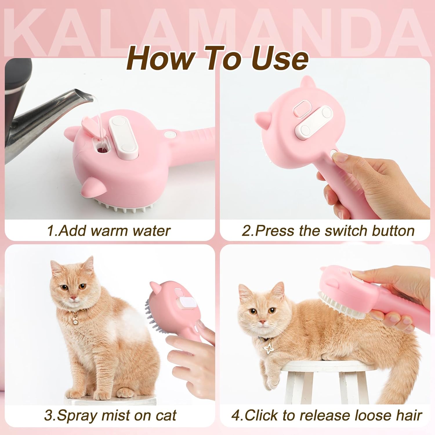 Cat Steam Brush 4 In 1 Steamy Cat Brush With Handle Rubber Pet Misting Brush With Release Button Dog Comb With Cleanser For Indoor Kittens Small Animals
