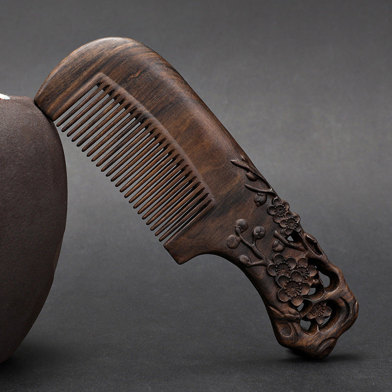 Wooden Ebony With Handle 180 Double-sided Carved Comb