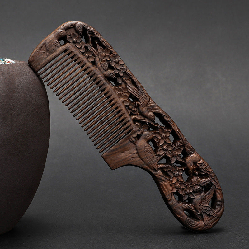 Wooden Ebony With Handle 180 Double-sided Carved Comb