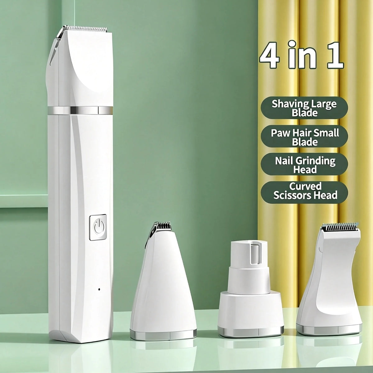 4-in-1 Pet Grooming Kit For Small Dogs Cats, Professional Quiet Rechargeable Hair Trimmer With 4 Interchangeable Heads, Low Noise Paw Nail Grinder Body Clipper