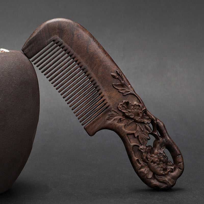Wooden Ebony With Handle 180 Double-sided Carved Comb