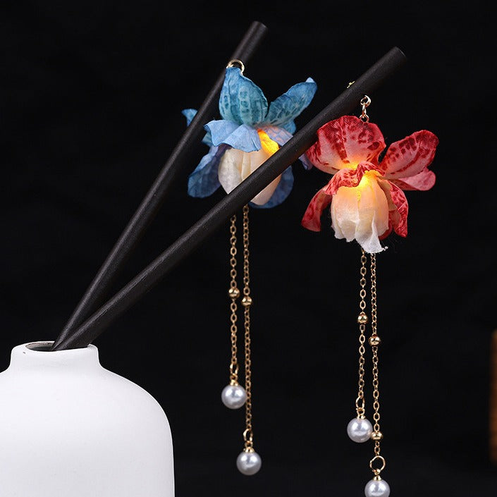 Ancient-style Tassel Hairpin Glowing Lantern Silk Flowers