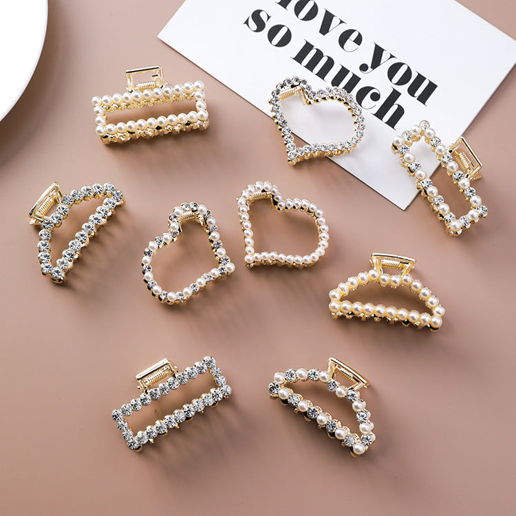 Geometric Square Love Curved Pearl Rhinestone Hair Clip