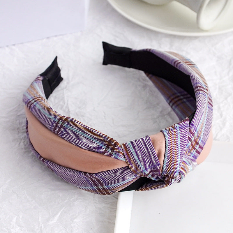 PU Imitation Leather Knotted Wide Side Fashionable Plaid Striped Headband
