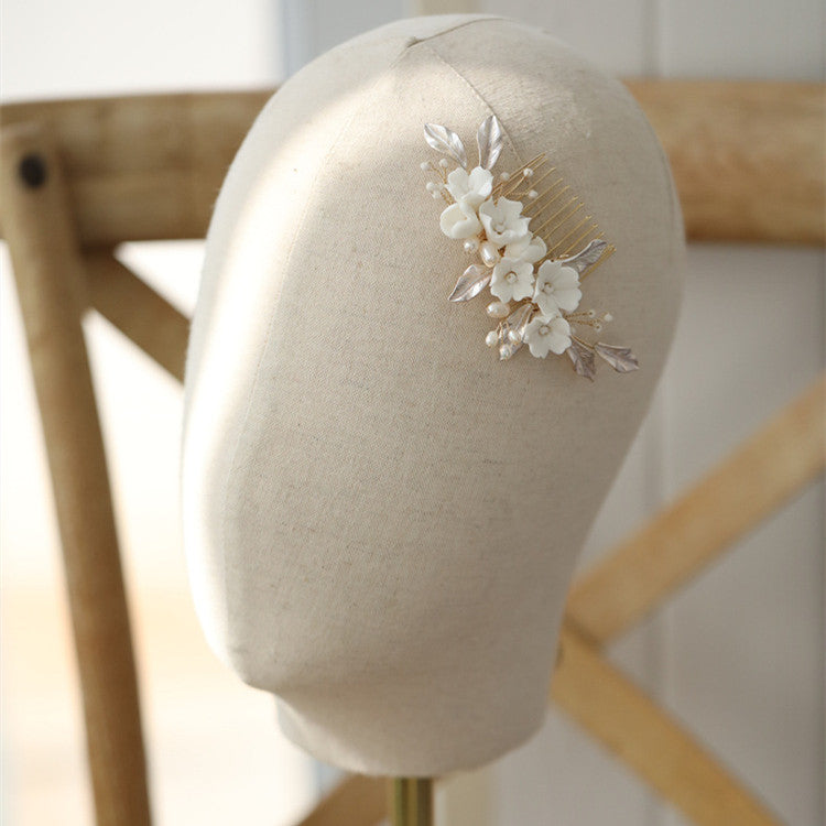Hard Ceramic Flower Bridal Hair Comb Natural Pearl Handmade Headpiece