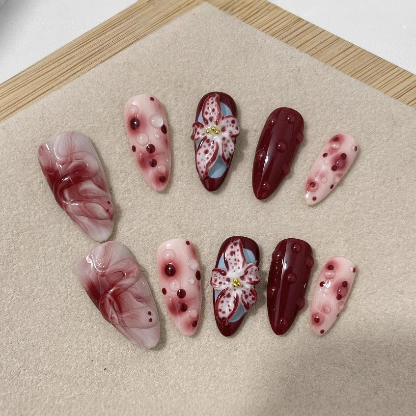 Blooming Hand-painted Three-dimensional Carved White High-grade Mid-length Manicure Wear Nail