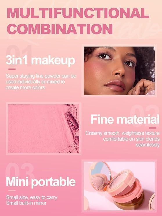 3 In1 Face Blusher + Highlighter With Mini Compact Travel Friendly Palette