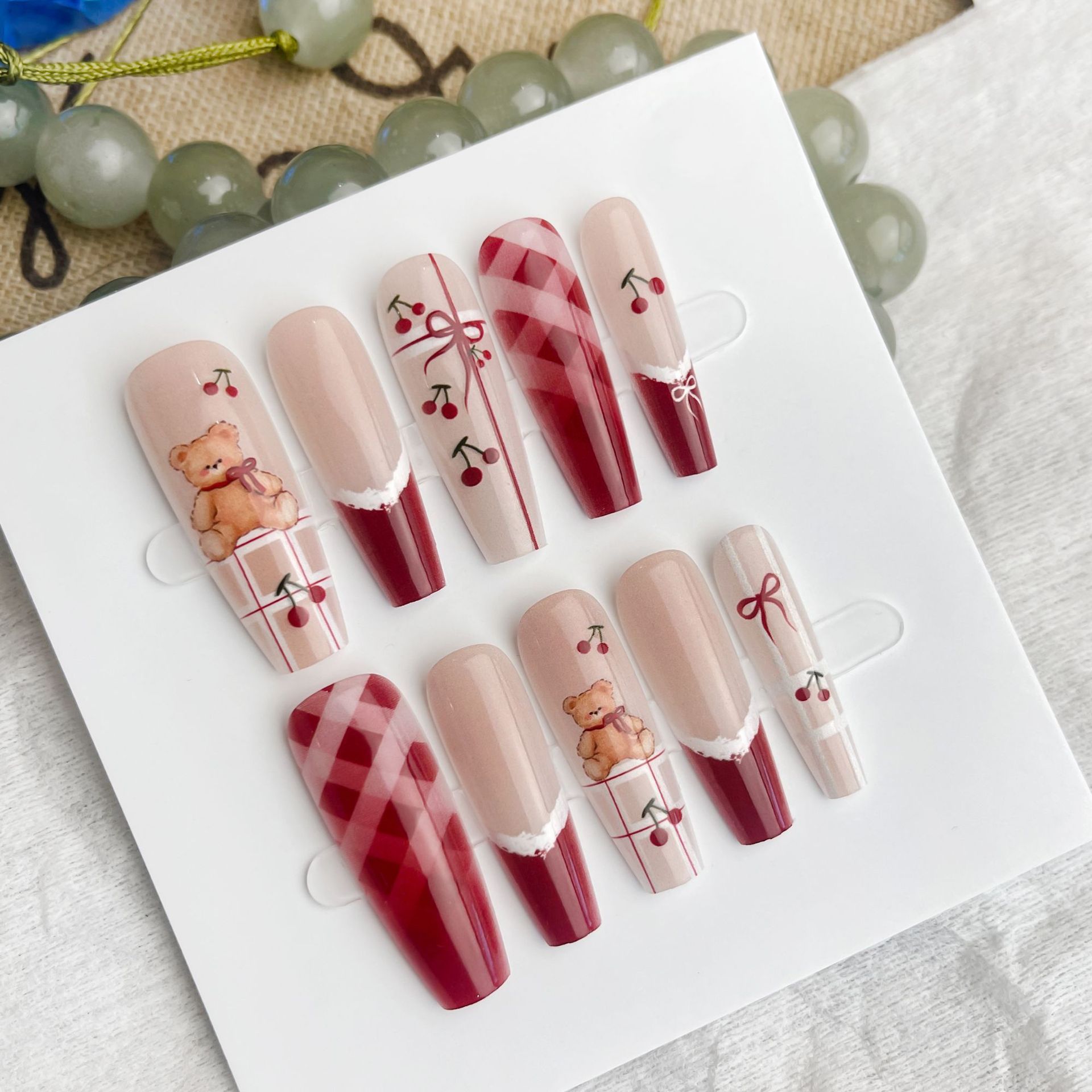 Press On Nails Semi-finished Product Wearing Nail Two-dimensional Cartoon Bear New Year Red Series Prefabricated Wearing Nail