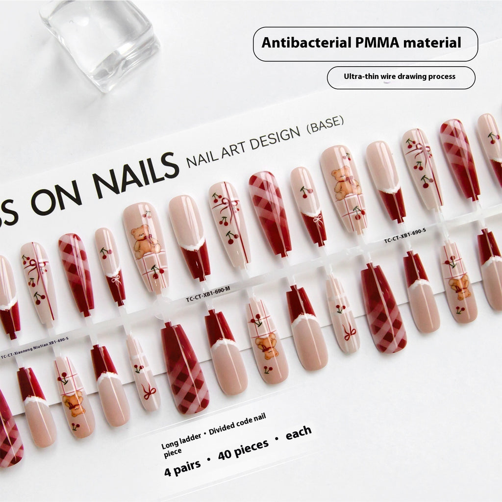Press On Nails Semi-finished Product Wearing Nail Two-dimensional Cartoon Bear New Year Red Series Prefabricated Wearing Nail