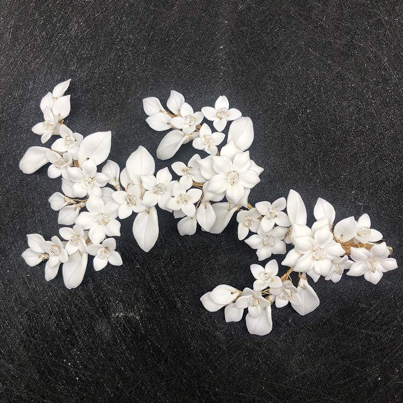 White Ceramic Flower Golden Hair Comb