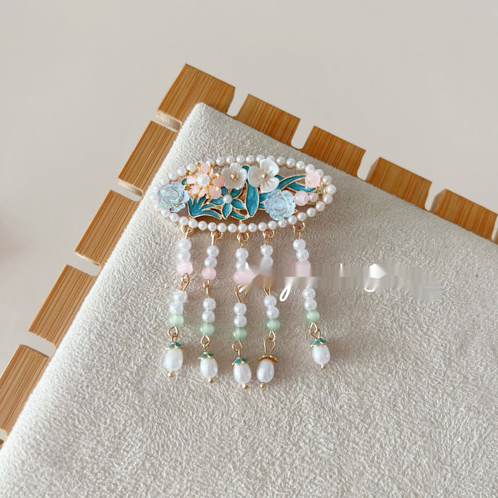 Antique Burning Blue Auspicious Cloud Pearl Butterfly Barrettes Fringed Headwear
