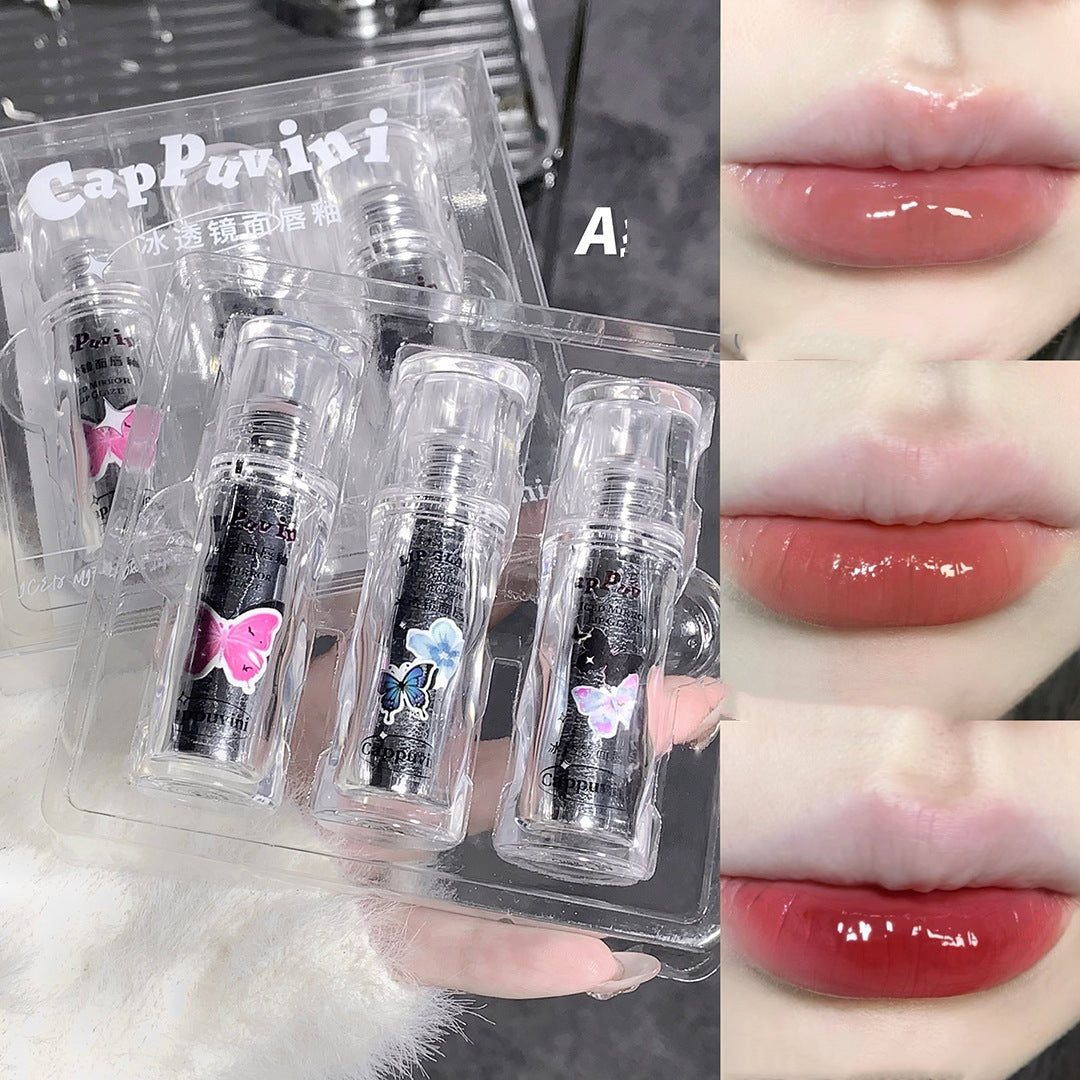 Cappuvini Three Per Package Suit Butterfly Cute Mirror Water Light Lip Lacquer Show