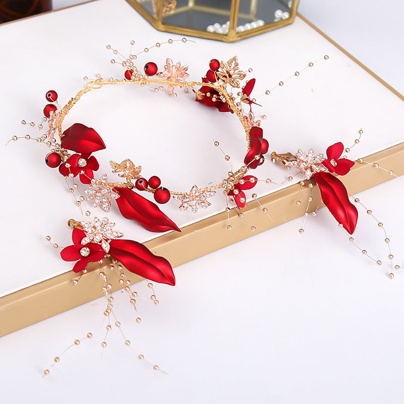 Red Hair Pin Flower Hair Clips Earrings Set Women Headdress